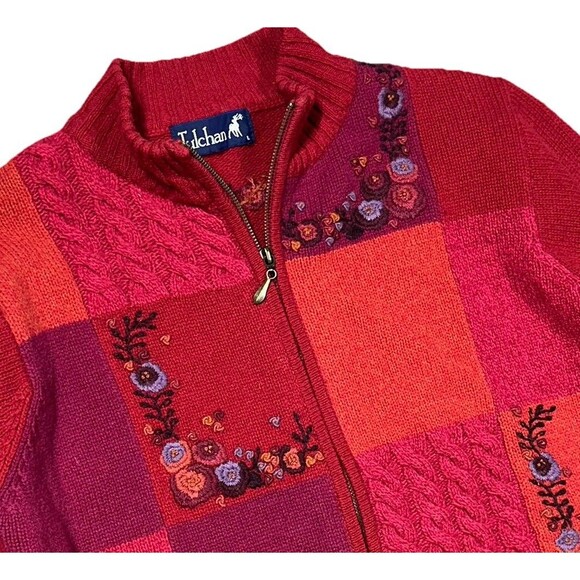 Vintage Tulchan Women's Large Zip Cardigan 100% Wool Red Floral Embroidered Fall - Picture 2 of 8